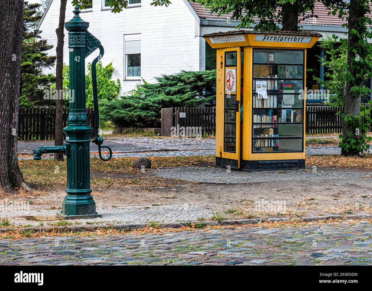 Fontana verde e vecchia cassetta telefonica gialla ora una piccola biblioteca prestito, Lübars, Reinickendorg, Berlino Foto Stock
