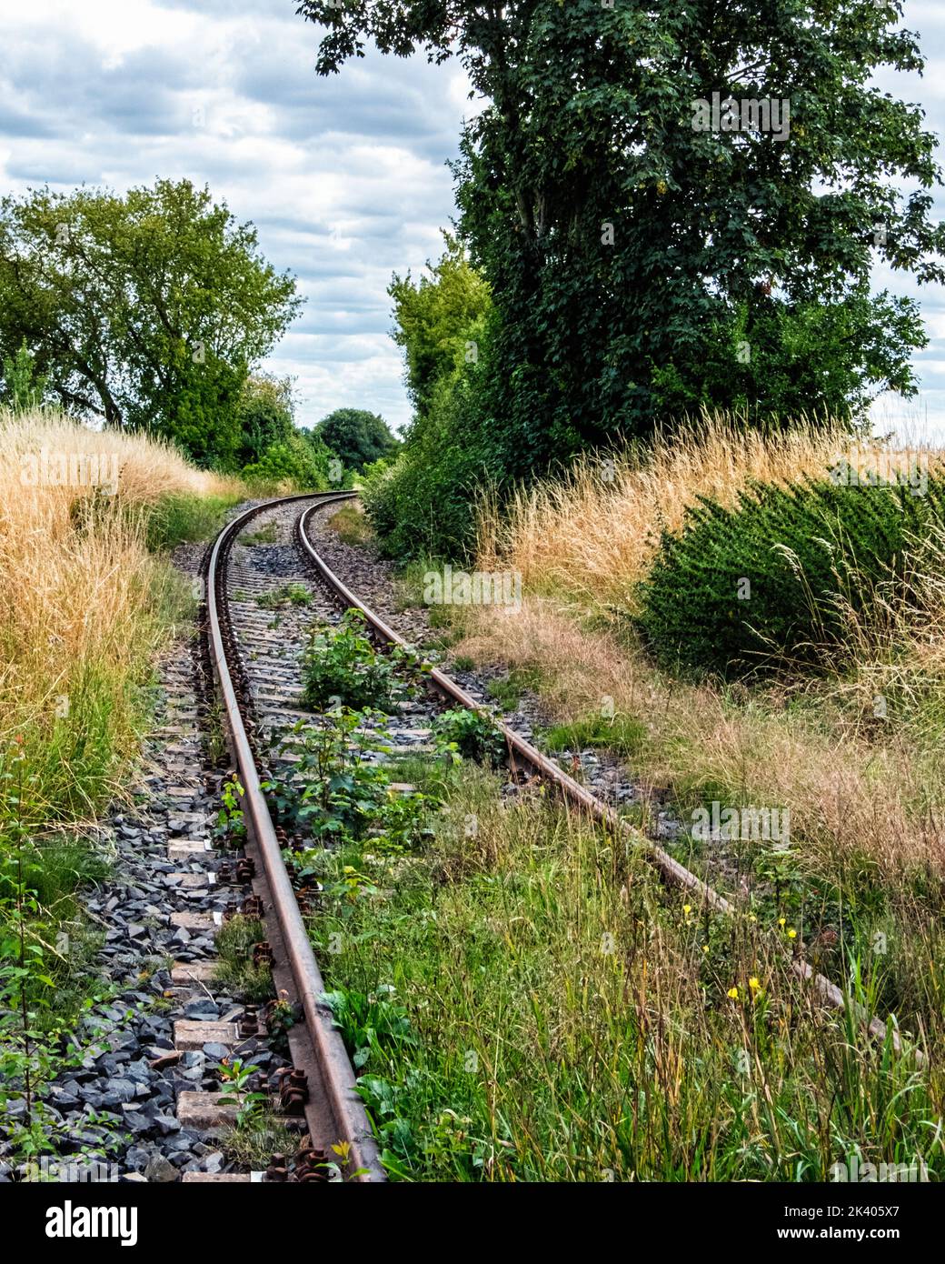 Linea ferroviaria Heidekrautbahn in disuso, Blankenfelde, Pankow, Berlino, Germania Foto Stock