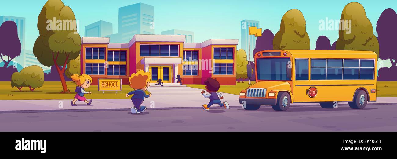 I bambini felici corrono a scuola con l'autobus giallo parcheggiato a bordo strada. Ragazzi contemporanei studenti personaggi, ragazzi e ragazze in uniforme fretta nel campus moderno per l'istruzione, Cartoon vettore illustrazione Illustrazione Vettoriale