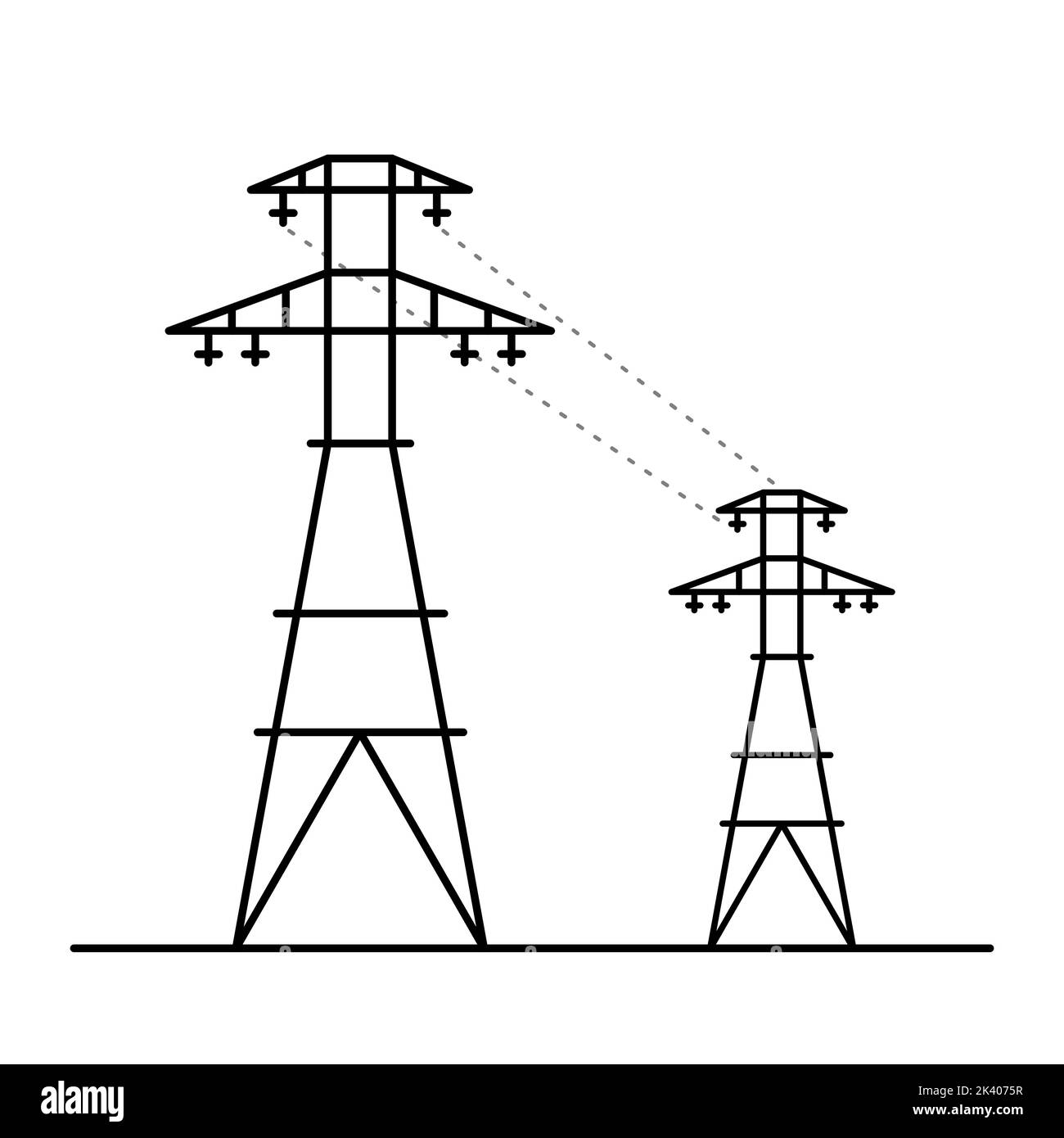 Linea torre elettrica art. Due poli ad alta tensione. Illustrazione Vettoriale