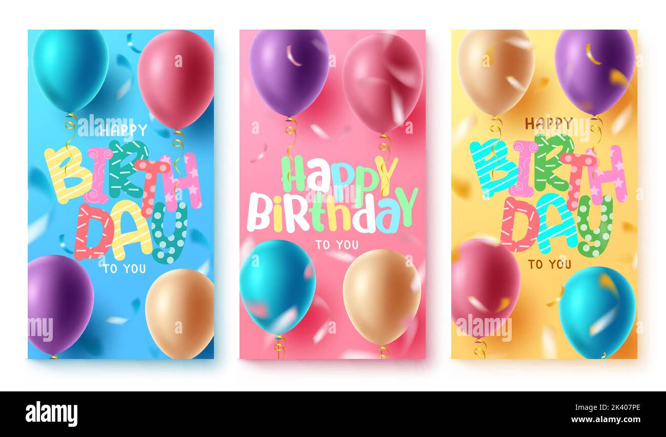 Set di poster vettoriali per i saluti di compleanno. Buon compleanno a voi testo con palloncino colorato galleggiante e sfondo per il giorno di nascita di collezione di carte di design. Illustrazione Vettoriale