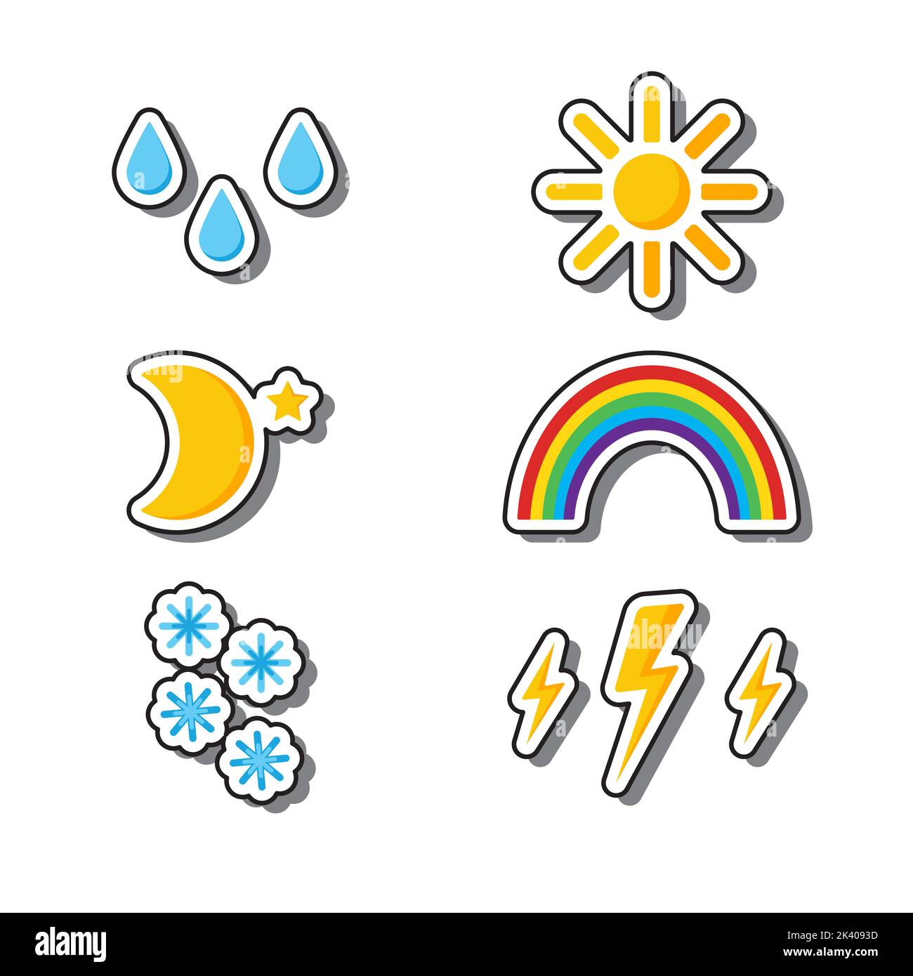 Set di adesivi per le previsioni meteo. Immagini vettoriali, su sfondo scuro, nuvole, nuvole, arcobaleni, sole, stelle, fulmini, luna, neve e pioggia. Illustrazione Vettoriale