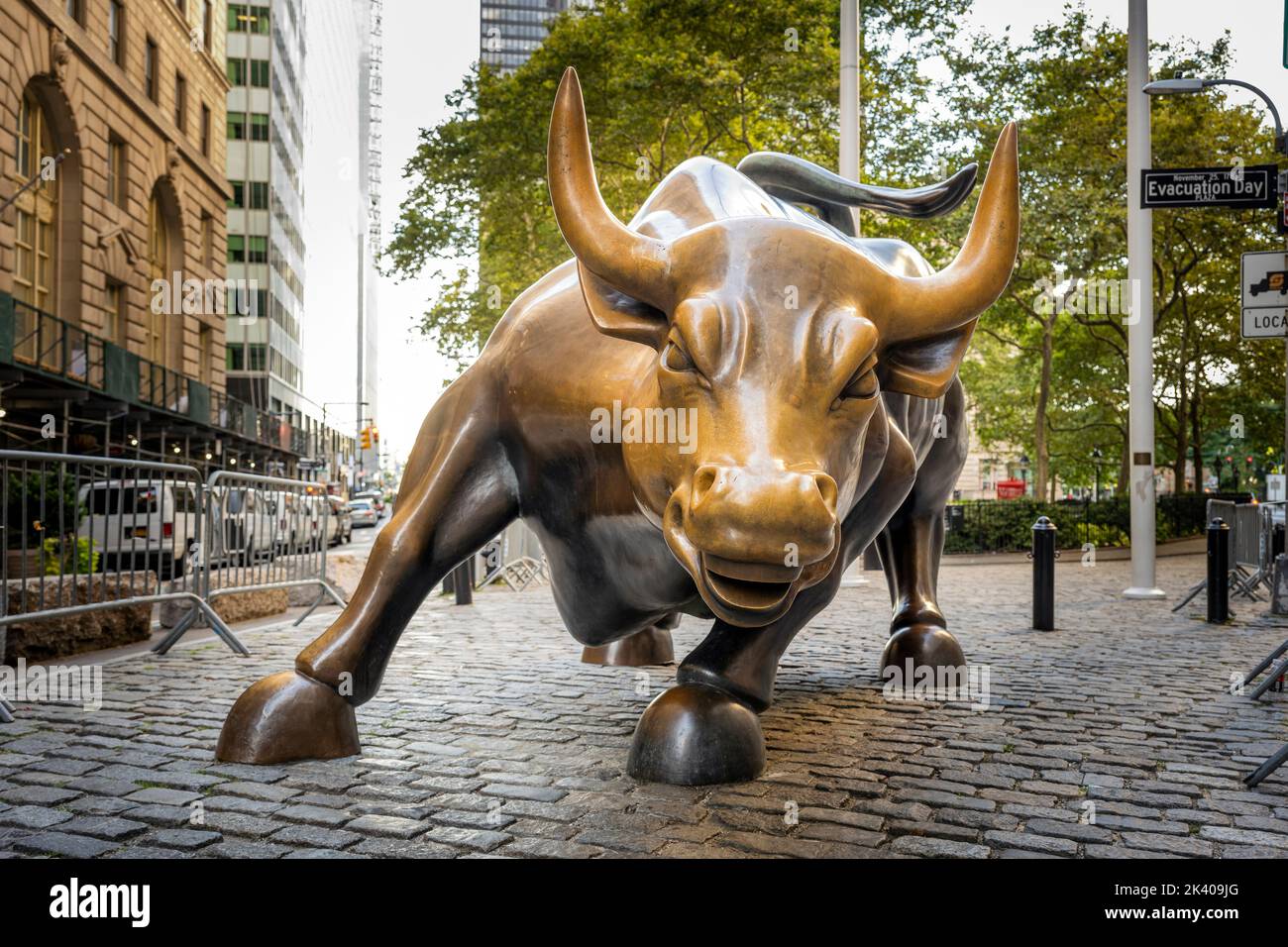 La scultura in bronzo "Charging Bull", Lower Manhattan, New York, USA Foto Stock