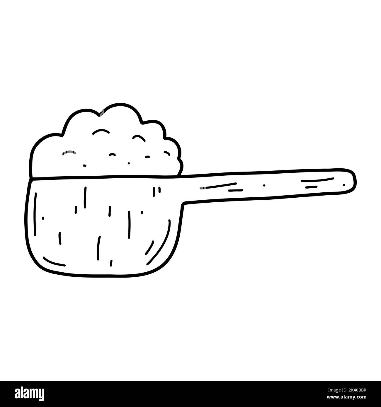 Cucchiaio di legno di doodle con farina. Disegno vettoriale di cereali, zucchero, polvere, fiocchi di cocco. Illustrazione Vettoriale