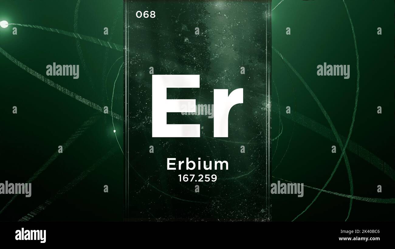 Erbio (Er) elemento chimico simbolo della tavola periodica, animazione 3D su sfondo di disegno Atom Foto Stock