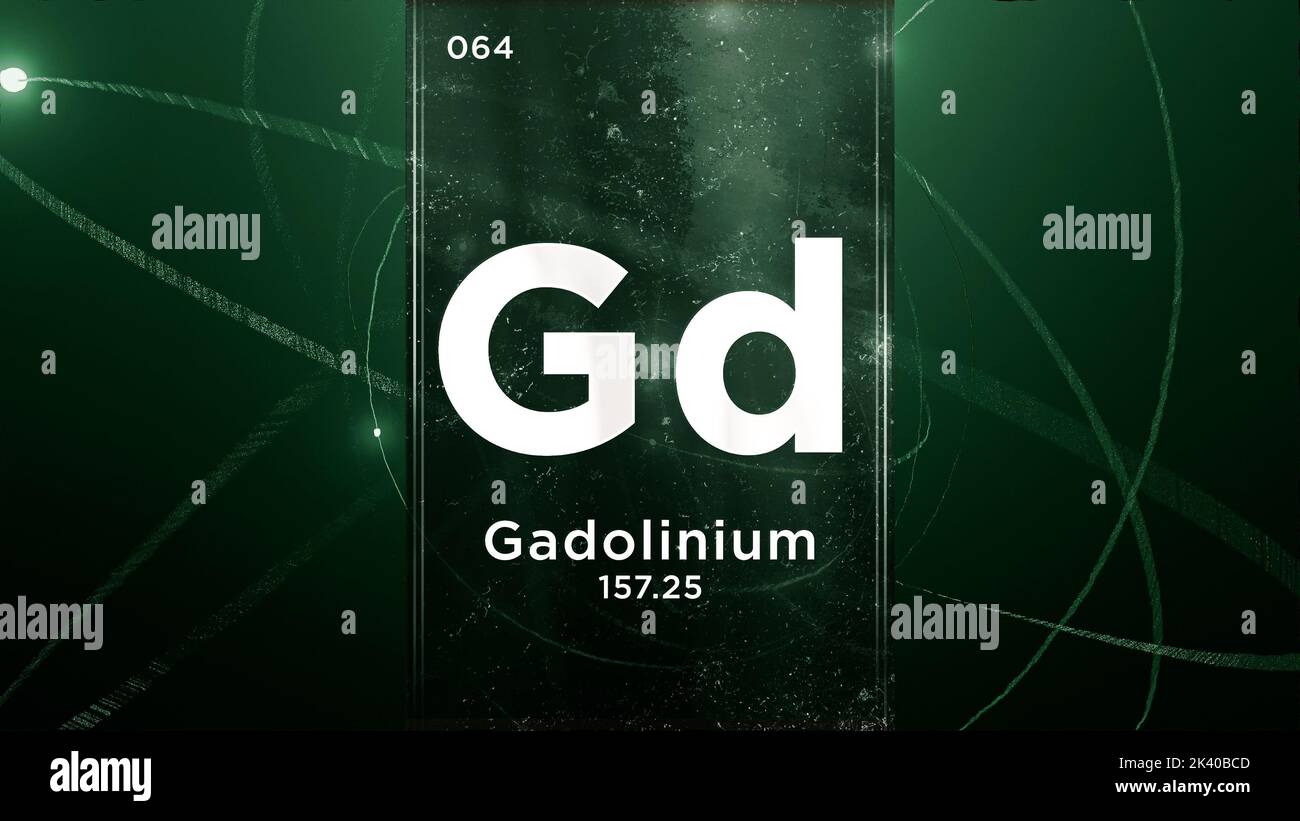 Gadolinio (Gd) elemento chimico simbolo della tavola periodica, animazione 3D su sfondo di disegno atomico Foto Stock