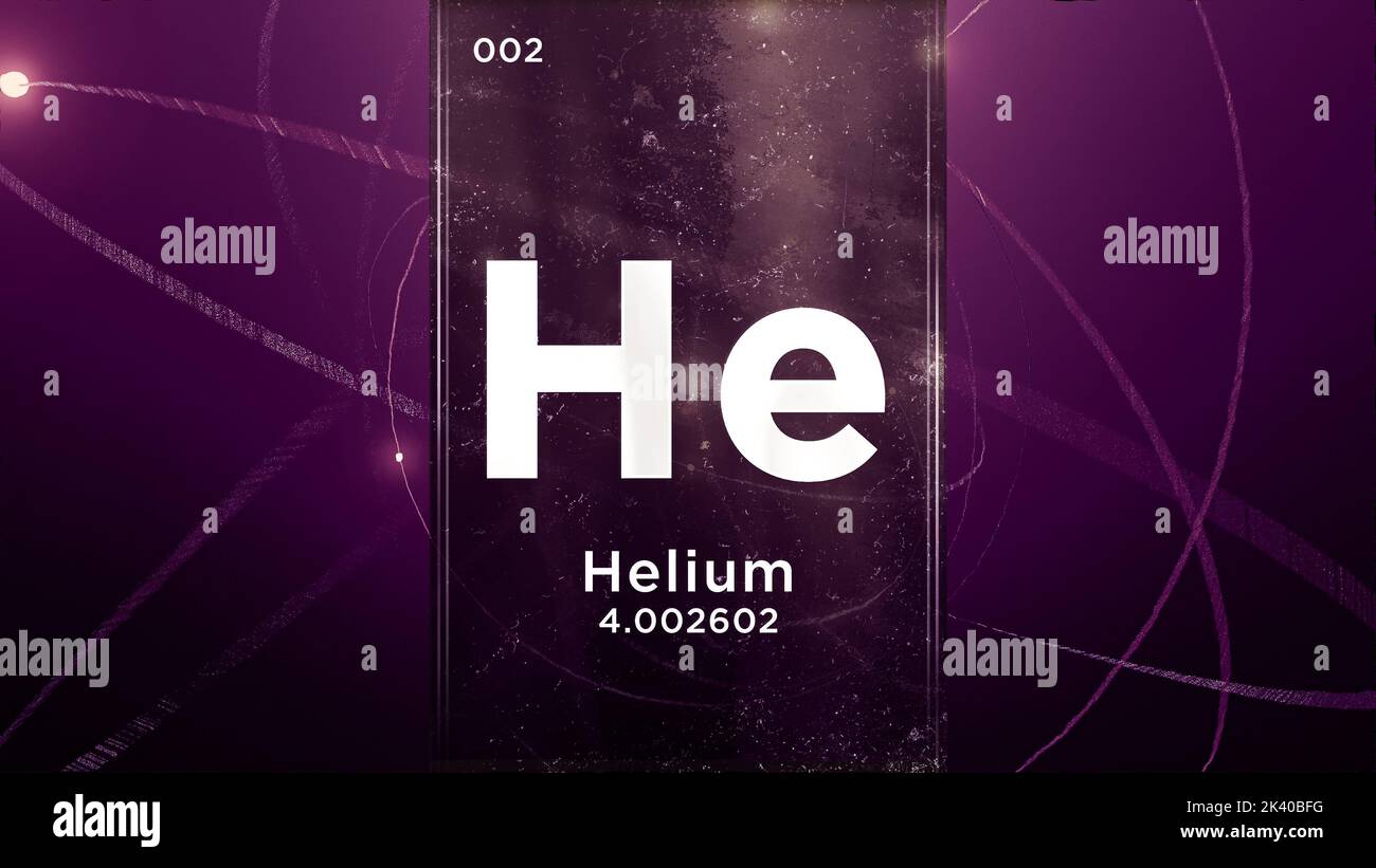 Elemento chimico simbolo elio (HE) della tavola periodica, animazione 3D sullo sfondo del disegno atomico Foto Stock