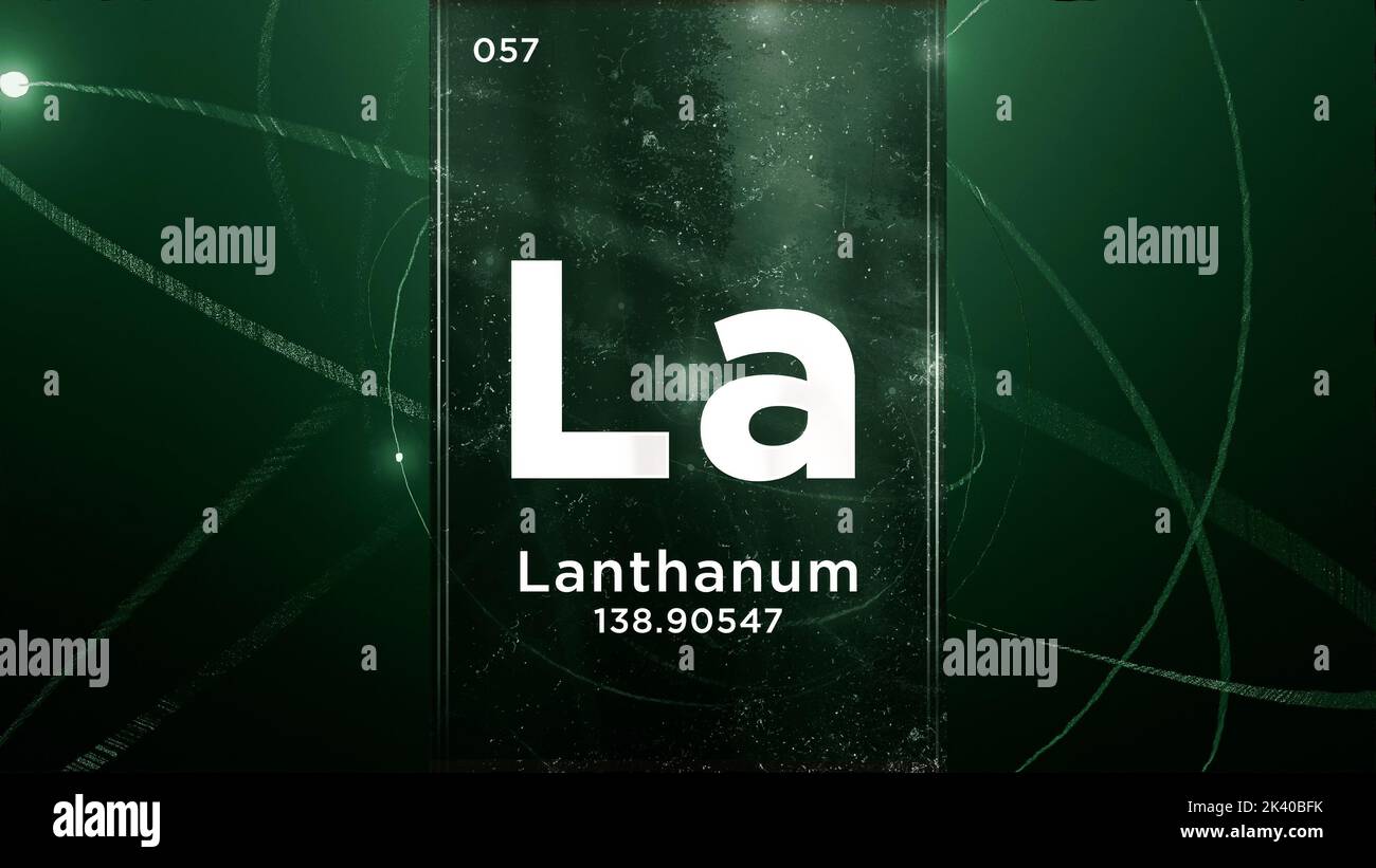 Elemento chimico simbolo del lantanio (la) della tavola periodica, animazione 3D sullo sfondo del disegno atomico Foto Stock