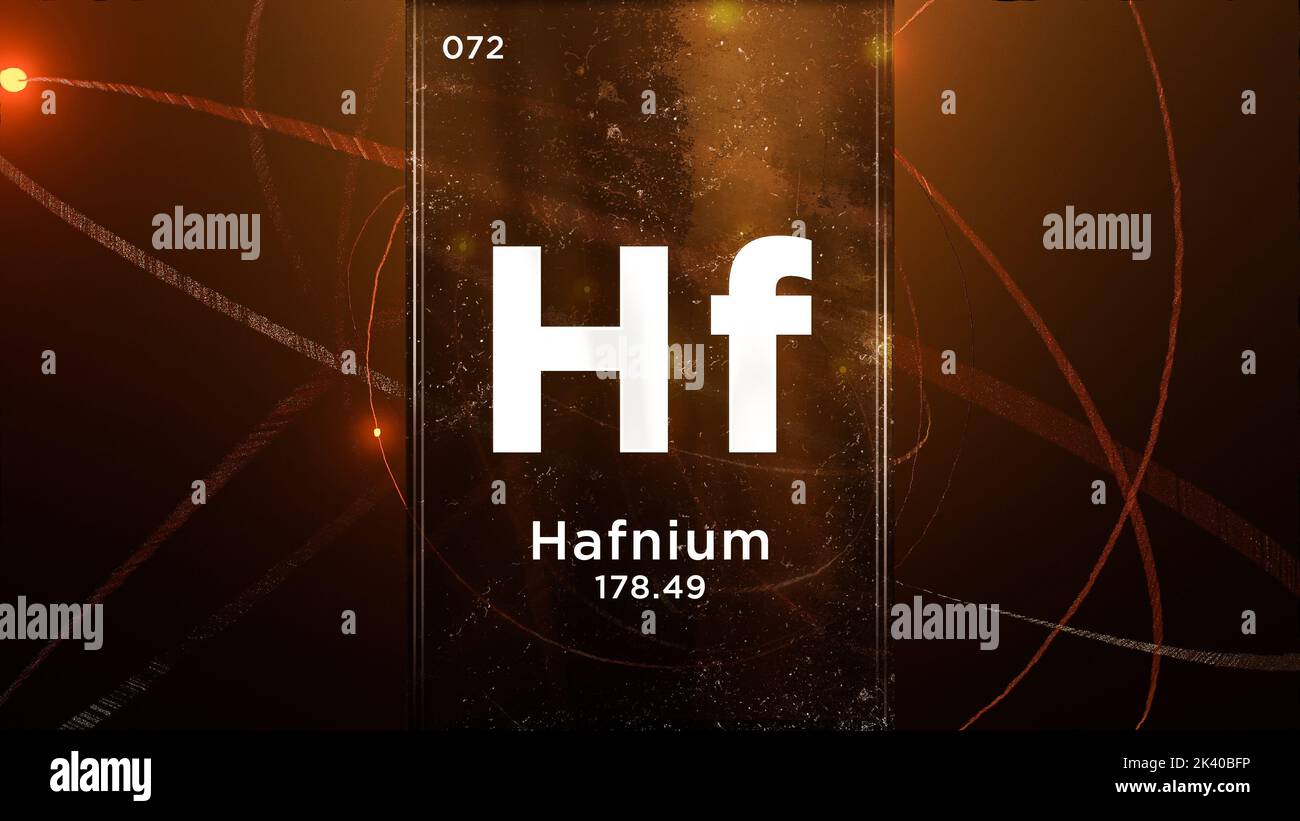 Elemento chimico del simbolo Halfnium (HF) della tavola periodica, animazione 3D sullo sfondo del disegno atomico Foto Stock
