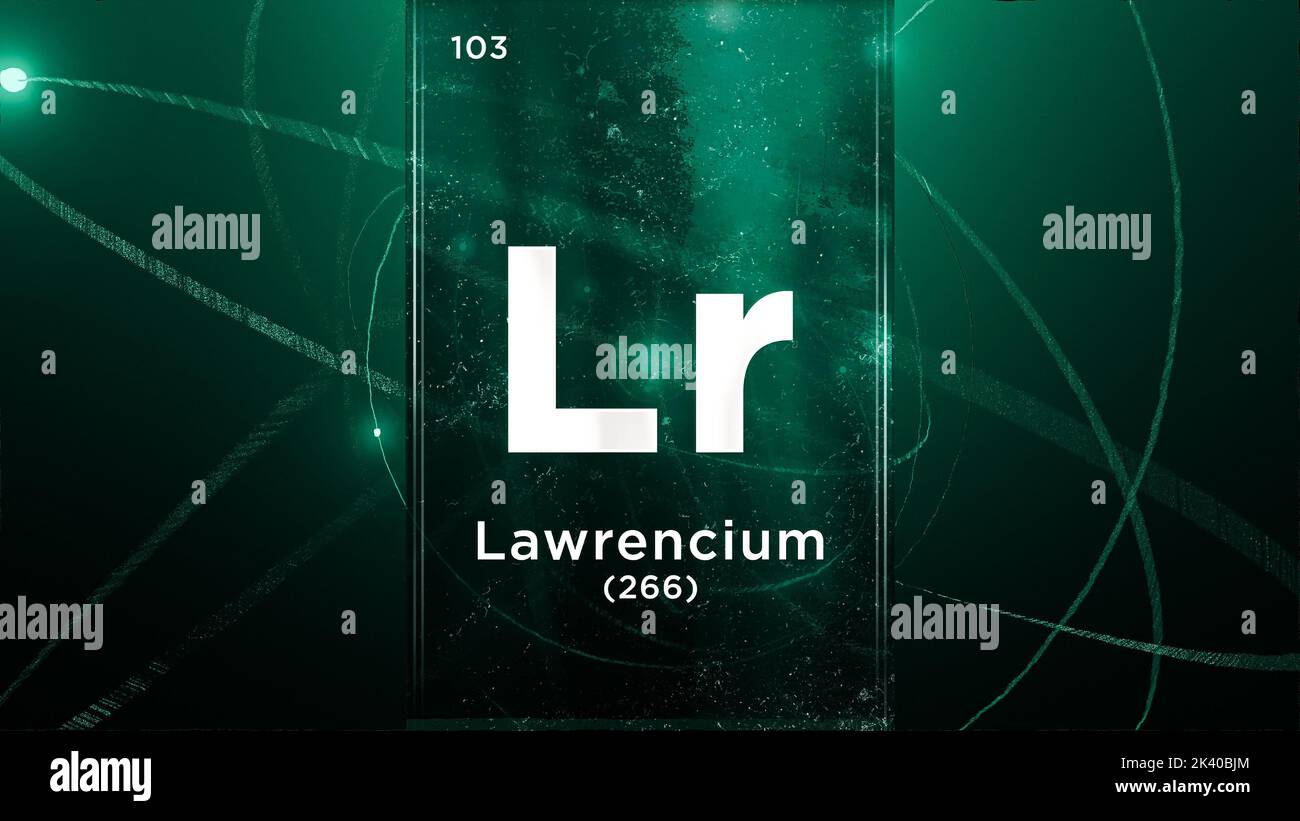 Elemento chimico del simbolo Lawrencium (LR) della tavola periodica, animazione 3D sullo sfondo del disegno atomico Foto Stock
