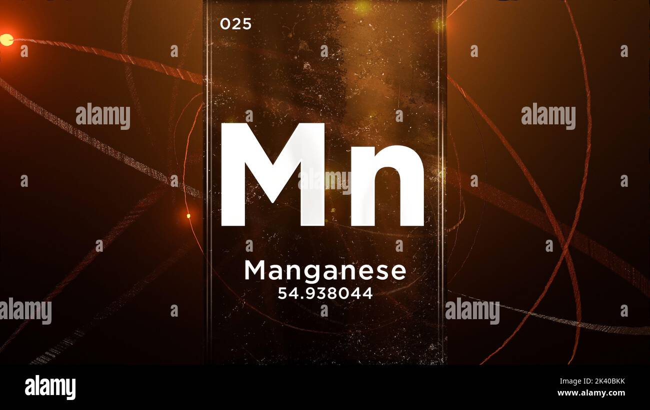 Elemento chimico del simbolo del manganese (Mn) della tavola periodica, animazione 3D sullo sfondo del disegno atomico Foto Stock