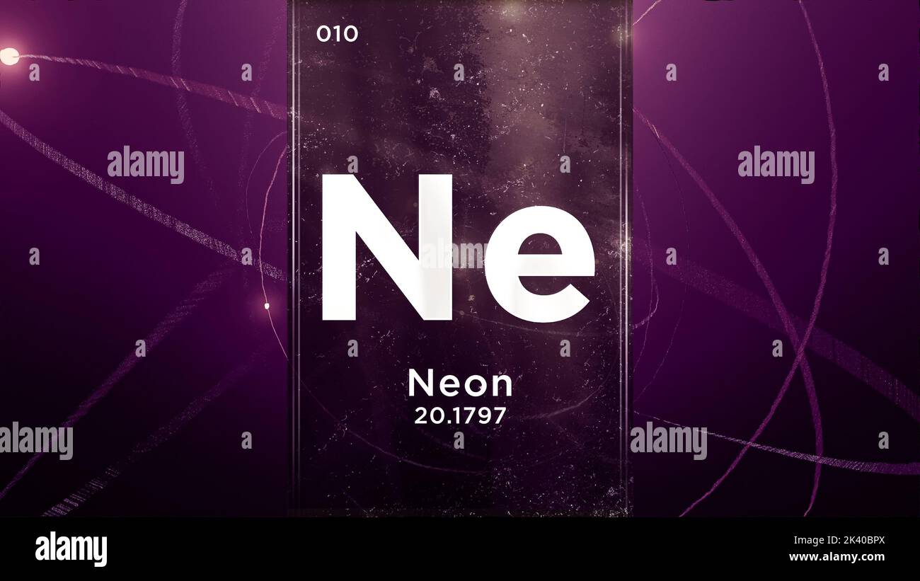 Elemento chimico del simbolo del neon (NE) della tavola periodica, animazione 3D sullo sfondo del disegno atomico Foto Stock