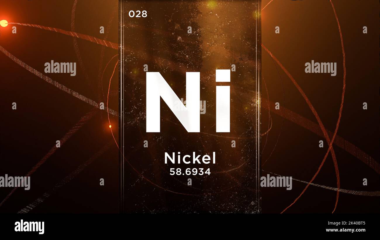 Elemento chimico del simbolo di nichel (Ni) della tavola periodica, animazione 3D sullo sfondo del disegno atomico Foto Stock