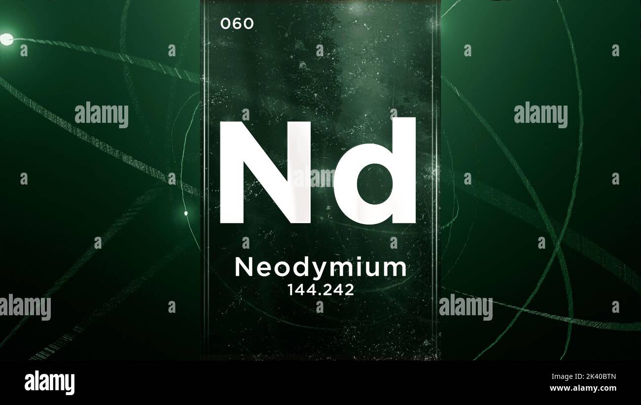 Elemento chimico del simbolo del neodimio (Nd) della tavola periodica, animazione 3D sullo sfondo del disegno atomico Foto Stock