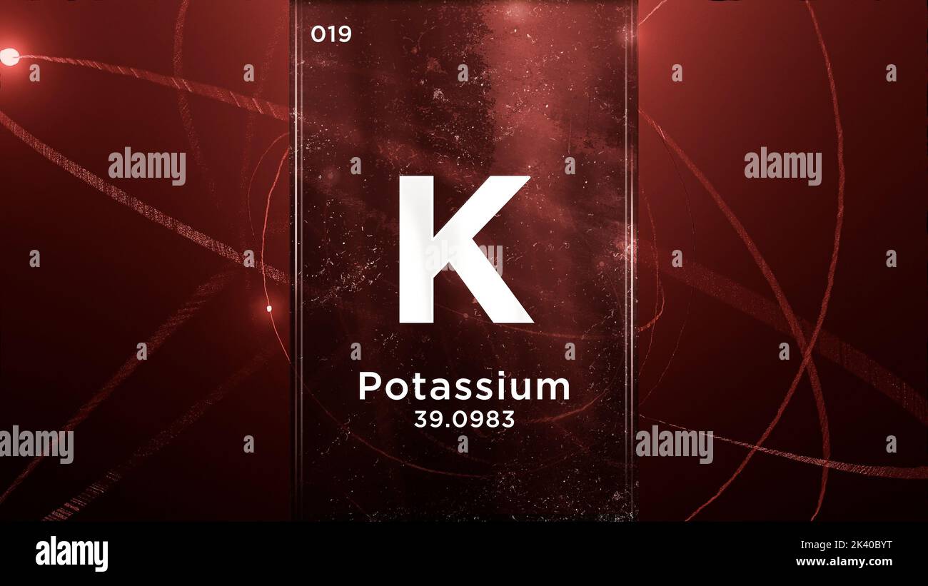 Elemento chimico del simbolo del potassio (K) della tavola periodica, animazione 3D sullo sfondo del disegno atomico Foto Stock