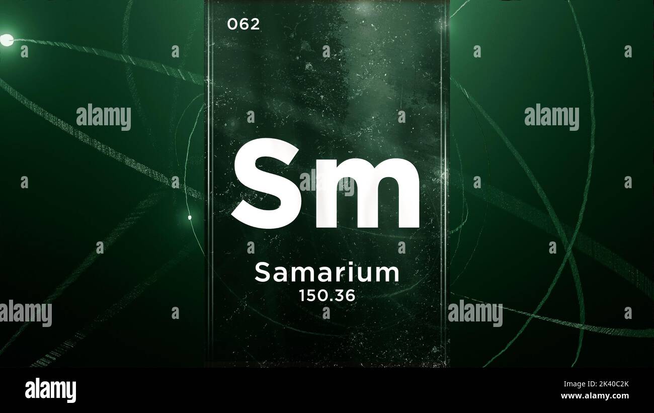 Samario (SM) simbolo elemento chimico della tavola periodica, animazione 3D su sfondo disegno atomo Foto Stock