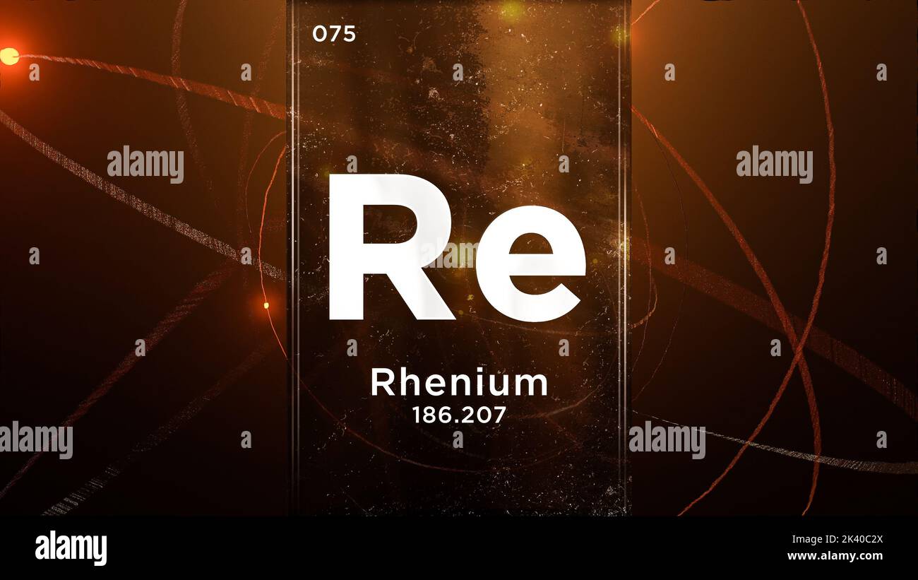 Elemento chimico del simbolo renio (Re) della tavola periodica, animazione 3D sullo sfondo del disegno atomico Foto Stock