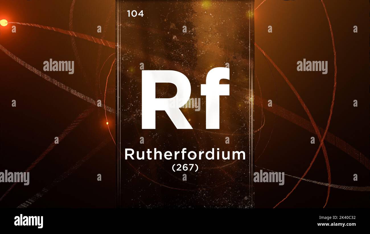 Elemento chimico del simbolo ruterfordium (RF) della tavola periodica, animazione 3D sullo sfondo del disegno atomico Foto Stock