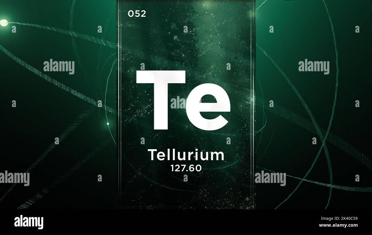 Elemento chimico del simbolo del tellurio (te) della tavola periodica, animazione 3D sullo sfondo del disegno atomico Foto Stock