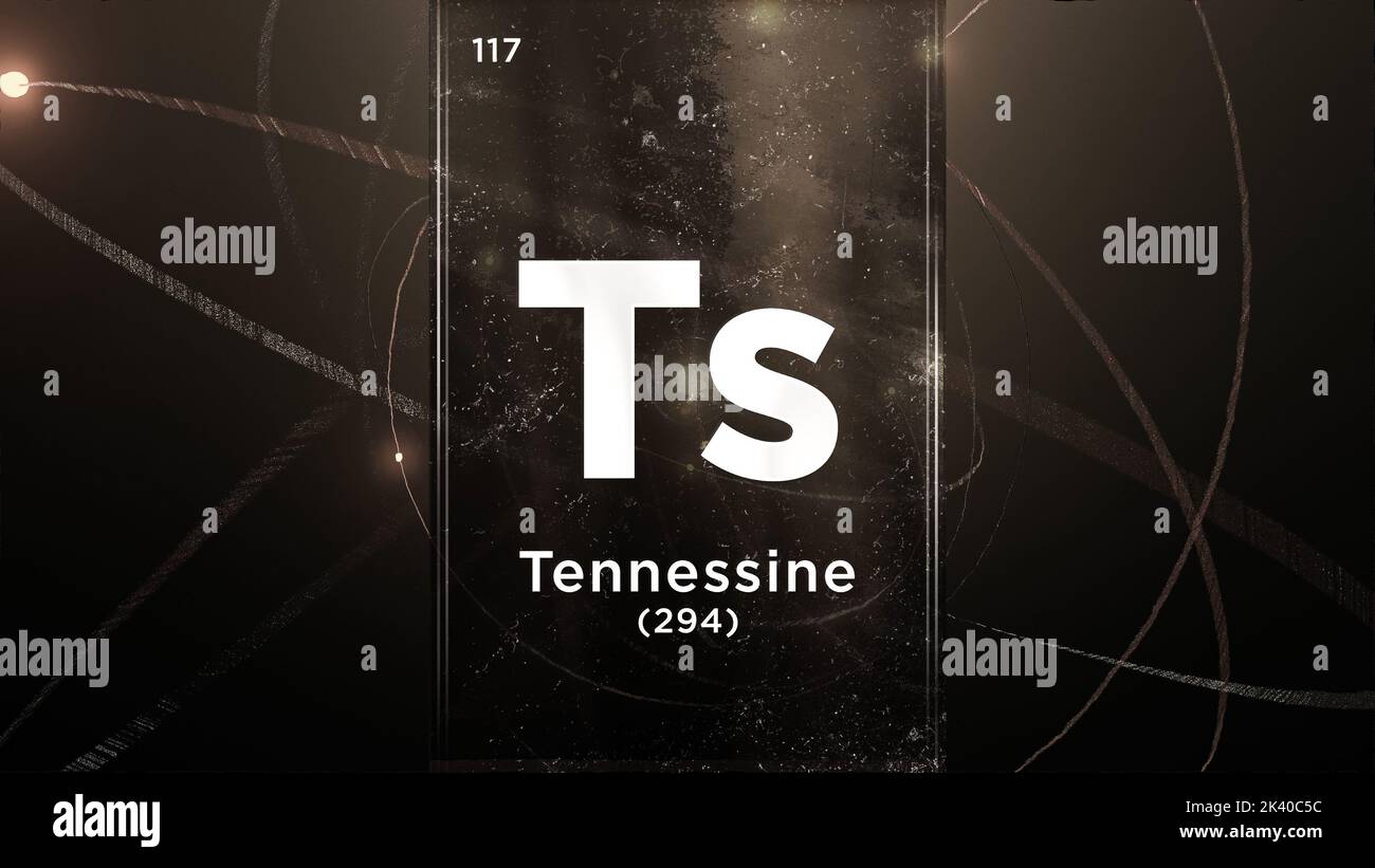 Elemento chimico simbolo Tennessine (Ts) della tavola periodica, animazione 3D sullo sfondo del disegno atomico Foto Stock