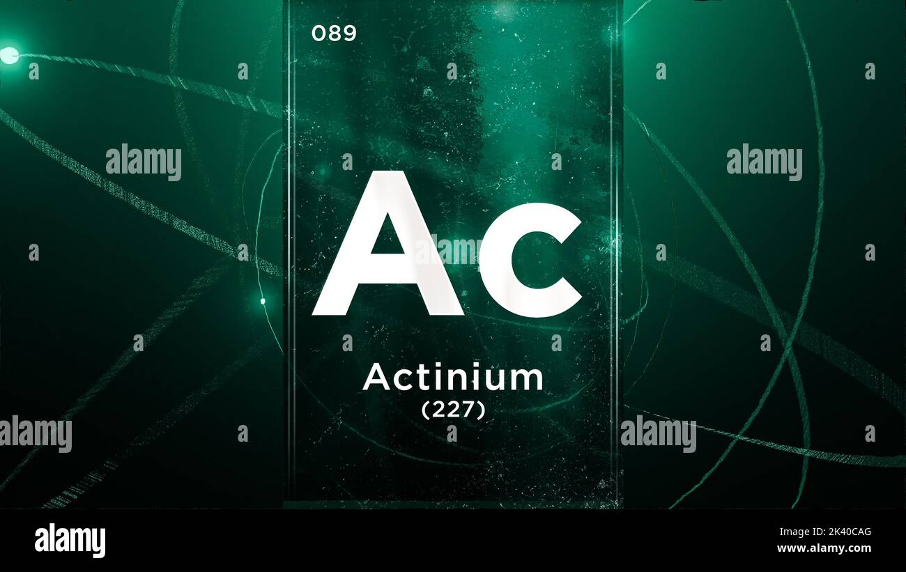 Elemento chimico del simbolo di actinio (AC) della tavola periodica, animazione 3D sullo sfondo del disegno Atom Foto Stock