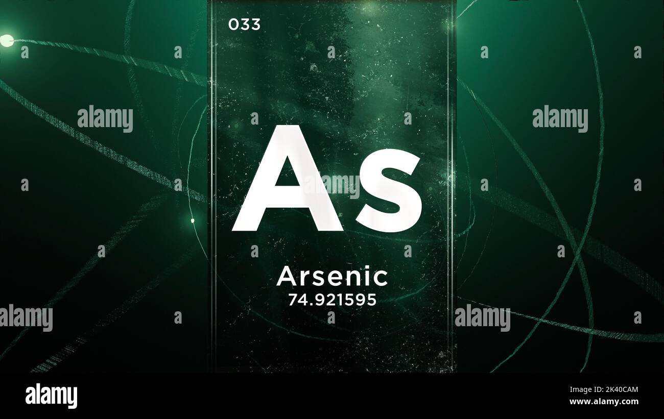 Elemento chimico del simbolo arsenico (AS) della tavola periodica, animazione 3D sullo sfondo del disegno atomico Foto Stock