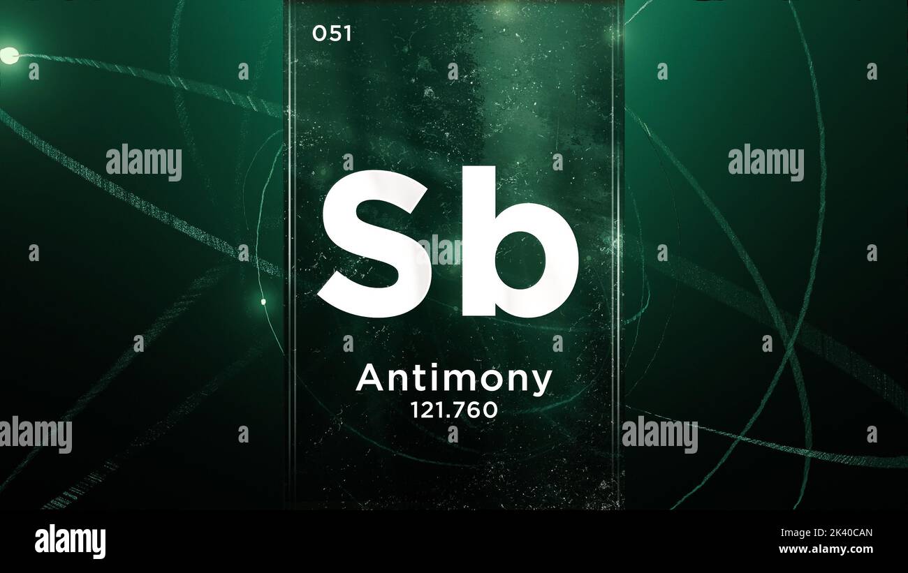 Antimonio (Sb) elemento chimico simbolo della tavola periodica, animazione 3D su sfondo disegno atomo Foto Stock