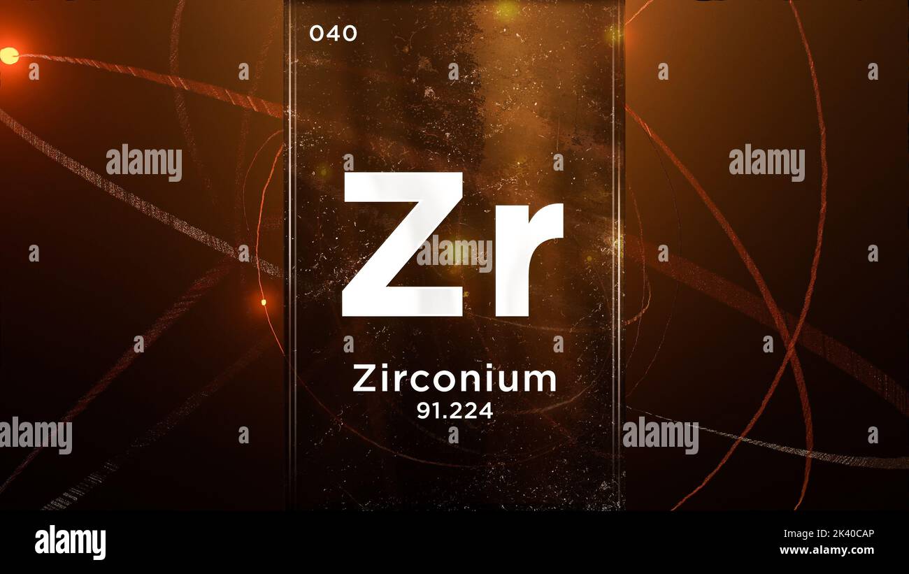 Elemento chimico del simbolo di zirconio (Zr) della tavola periodica, animazione 3D sullo sfondo del disegno atomico Foto Stock