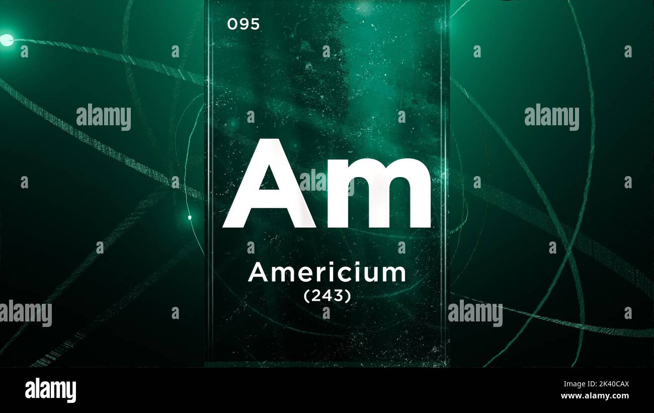 Americium (am) elemento chimico simbolo della tavola periodica, animazione 3D su sfondo di disegno atomico Foto Stock