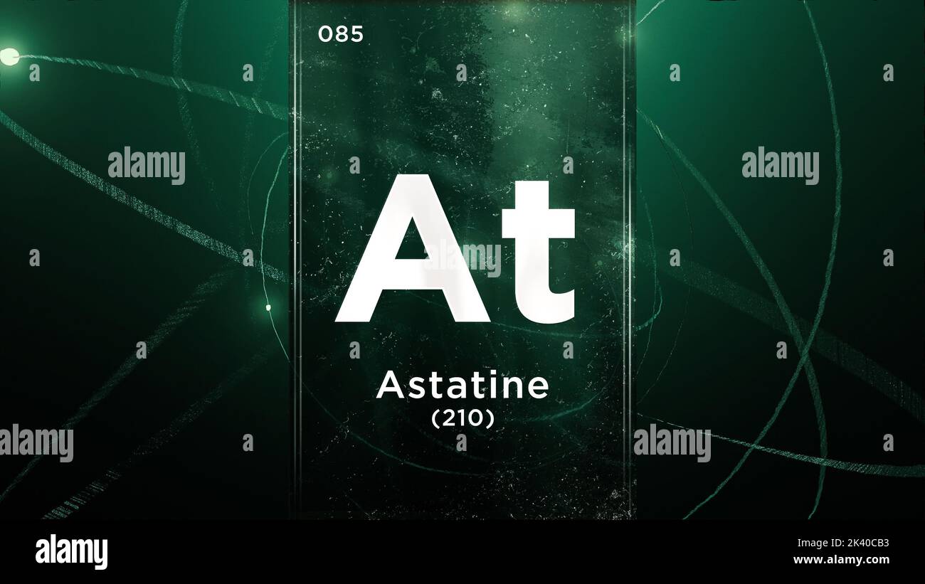 Elemento chimico del simbolo dell'astatina (AT) della tavola periodica, animazione 3D sullo sfondo del disegno dell'atomo Foto Stock