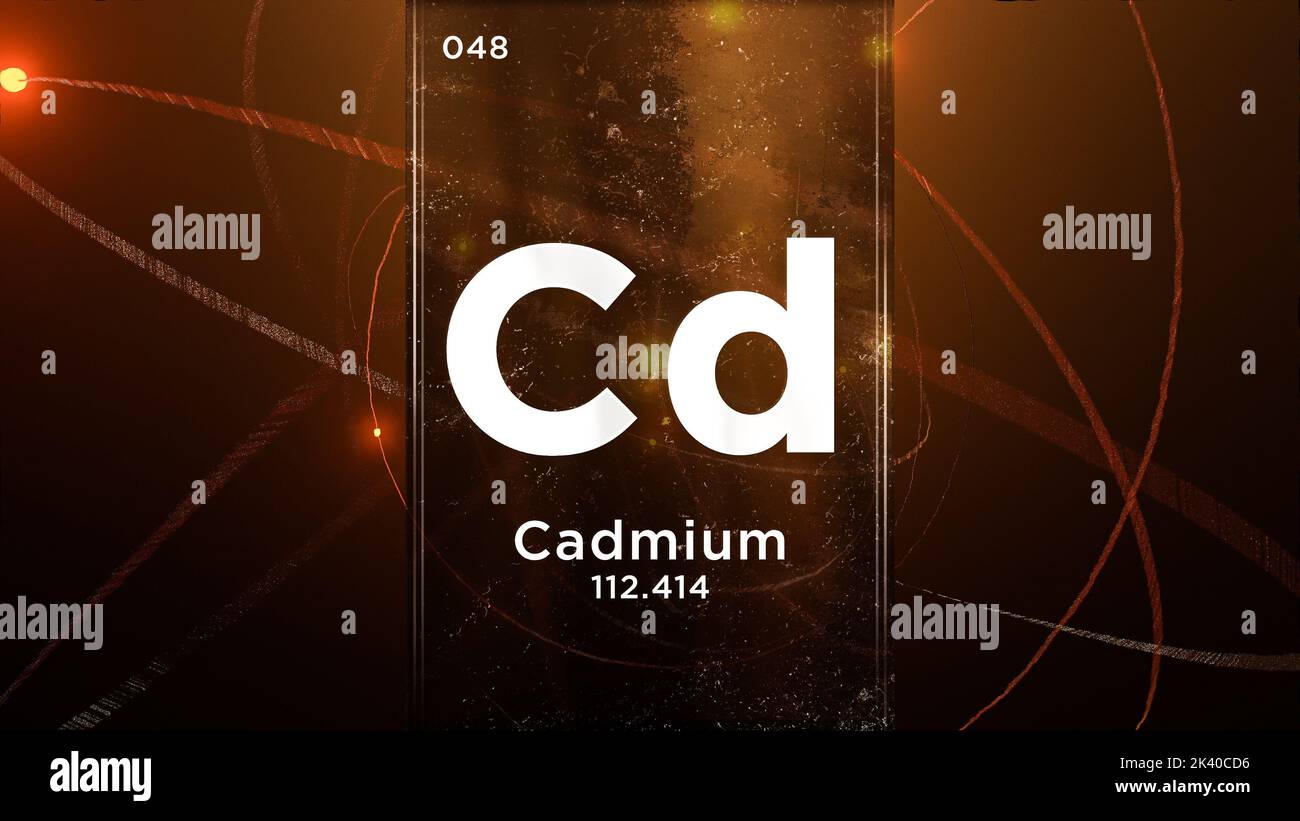 Cadmio (CD) elemento chimico simbolo della tavola periodica, animazione 3D su sfondo disegno atomo Foto Stock