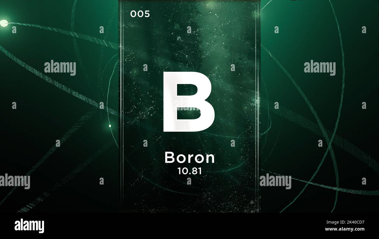 Boro (B) elemento chimico simbolo della tavola periodica, animazione 3D su sfondo di disegno atomo Foto Stock