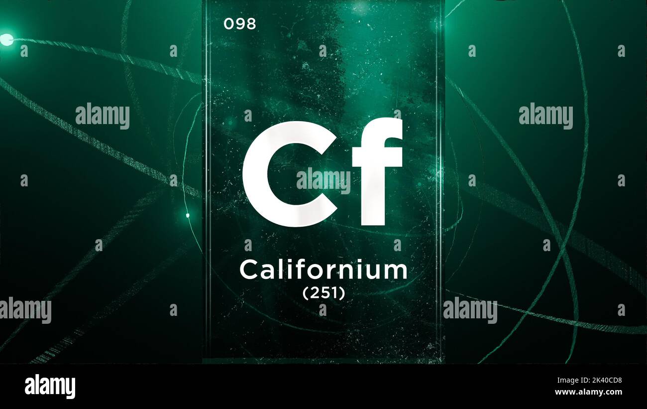 Elemento chimico del simbolo californio (cf) della tavola periodica, animazione 3D sullo sfondo del disegno atomico Foto Stock