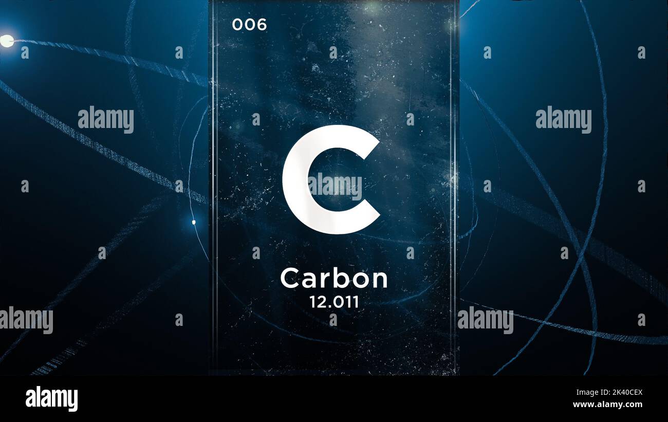 Elemento chimico del simbolo del carbonio (C) della tavola periodica, animazione 3D sullo sfondo del disegno degli atomi Foto Stock