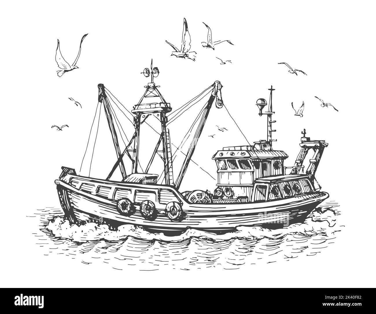 Barca da pesca in mare. Gabbiani e nave, nave in acqua. Seascape, illustrazione vettoriale dello schizzo di pesca Illustrazione Vettoriale