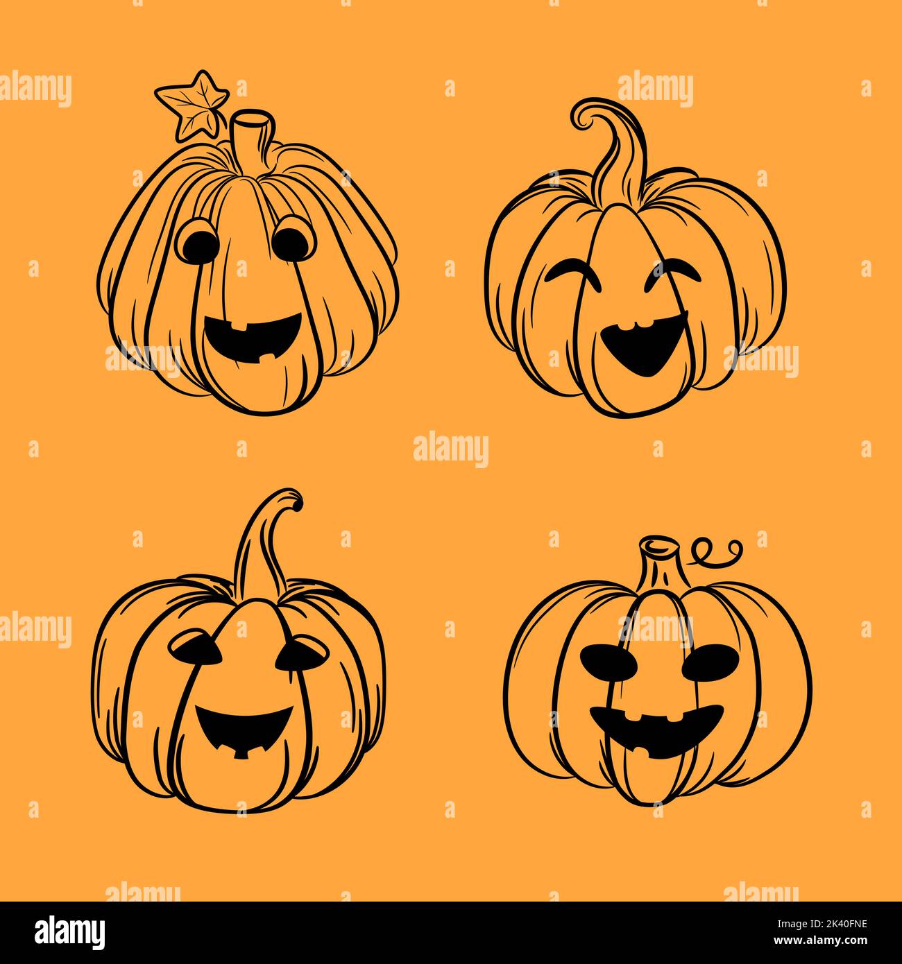 Carino Halloween divertente zucche set illustrazione. Linee vettoriali di zucche autunnali disegnate a mano Illustrazione Vettoriale