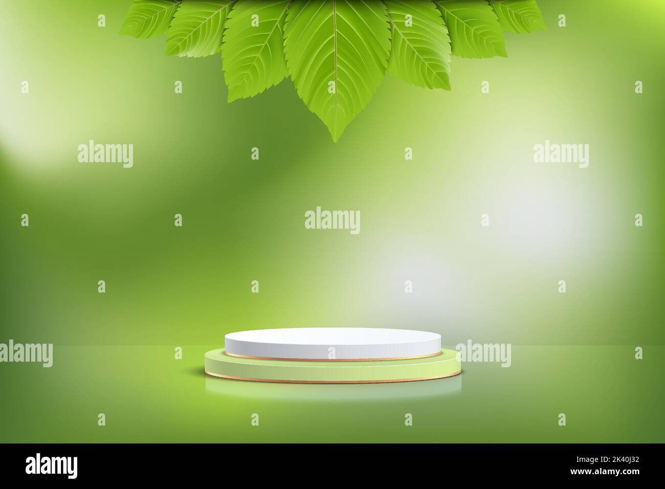 Podio bianco cavalletto cilindrico realistico con foglia verde, scena minima per la vetrina dei prodotti, esposizione promozionale, ambiente ecologico. Illustrazione Vettoriale