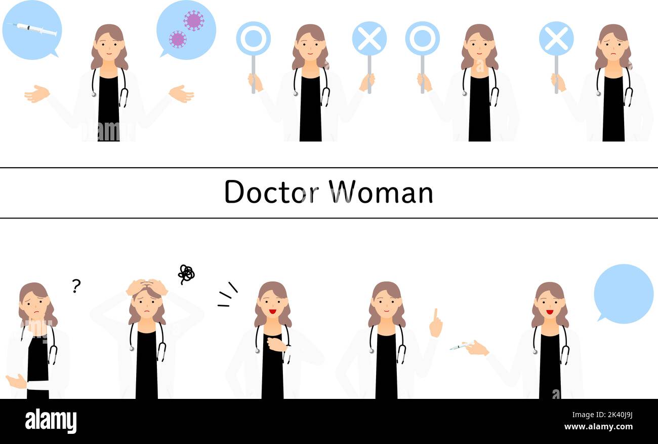 Posa set di medico femminile in cappotto bianco, domande, puzzle, puntamento, iniezione, ecc. Illustrazione Vettoriale