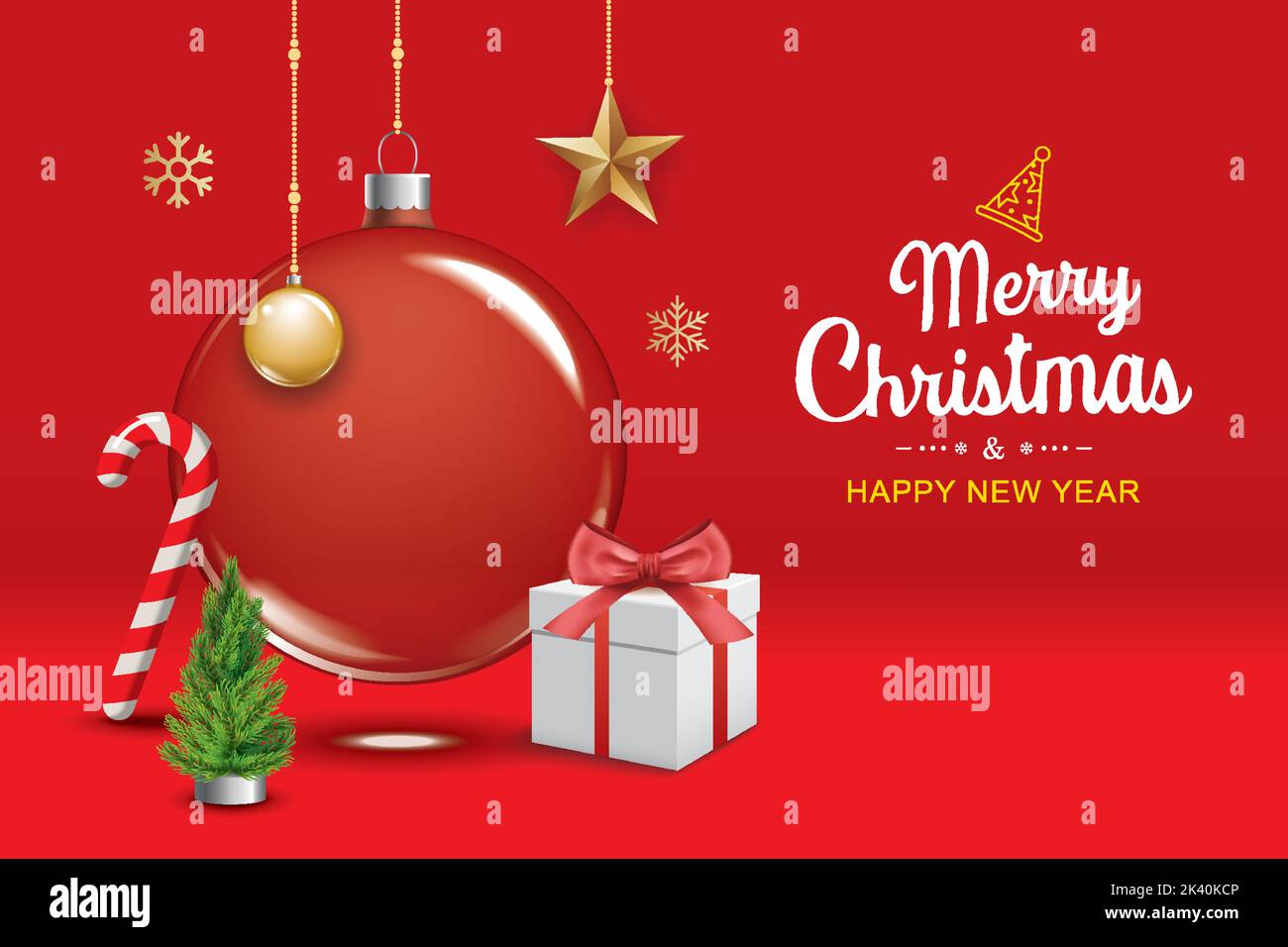 Allegro palla di vetro di natale e decorazione oggetto per il design opuscolo volantino su sfondo rosso invito tema concetto. Felice festa di saluto banner a Illustrazione Vettoriale