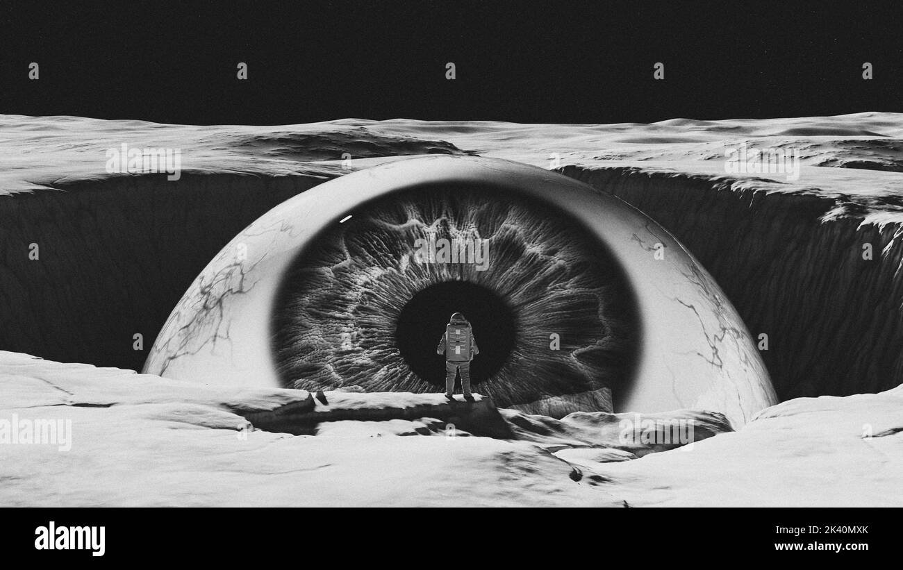 Nero e bianco con gigantesco astronauta Spaceman Spacewoman Interstellar Sci Fi Film Grain 3D rendering illustrazione Foto Stock