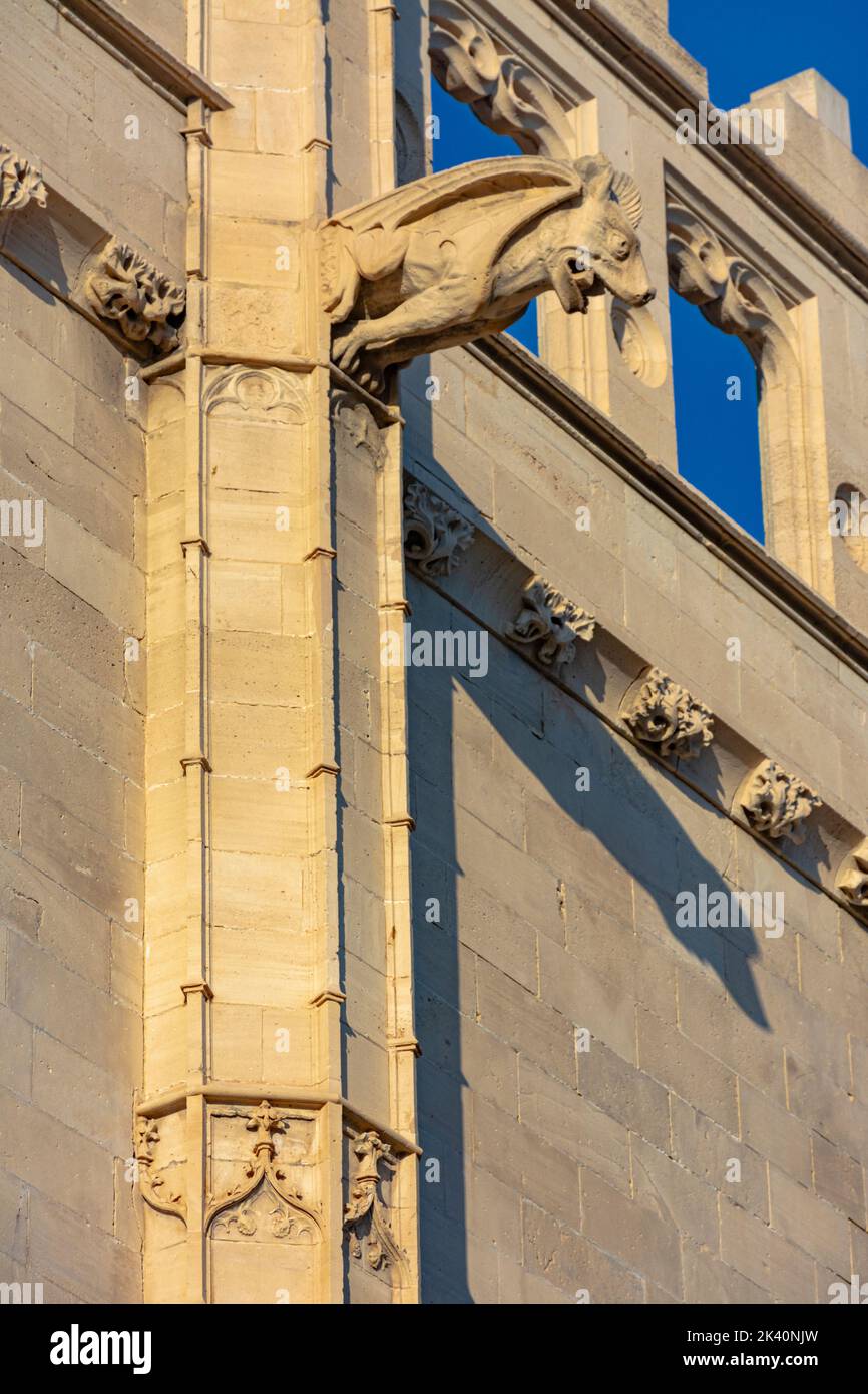 Parte superiore e gargoyle della vecchia Lonja, o mercato commerciale, di Palma, Mallorca, Spagna, 15th ° secolo, in stile gotico Foto Stock