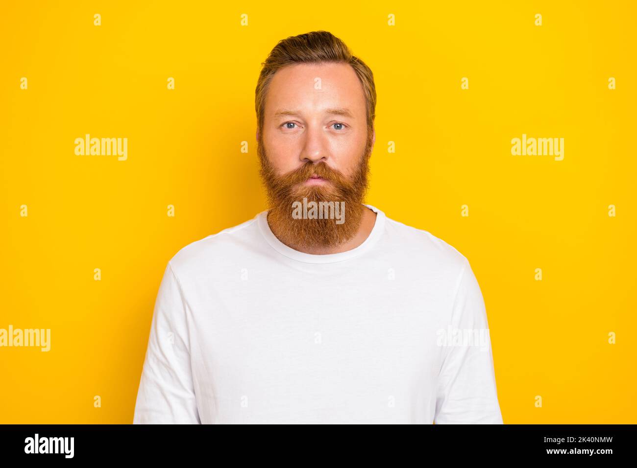 Primo piano foto di giovane uomo sicuro bel ragazzo redhair barba concentrata guardare si isolato su sfondo giallo colore Foto Stock