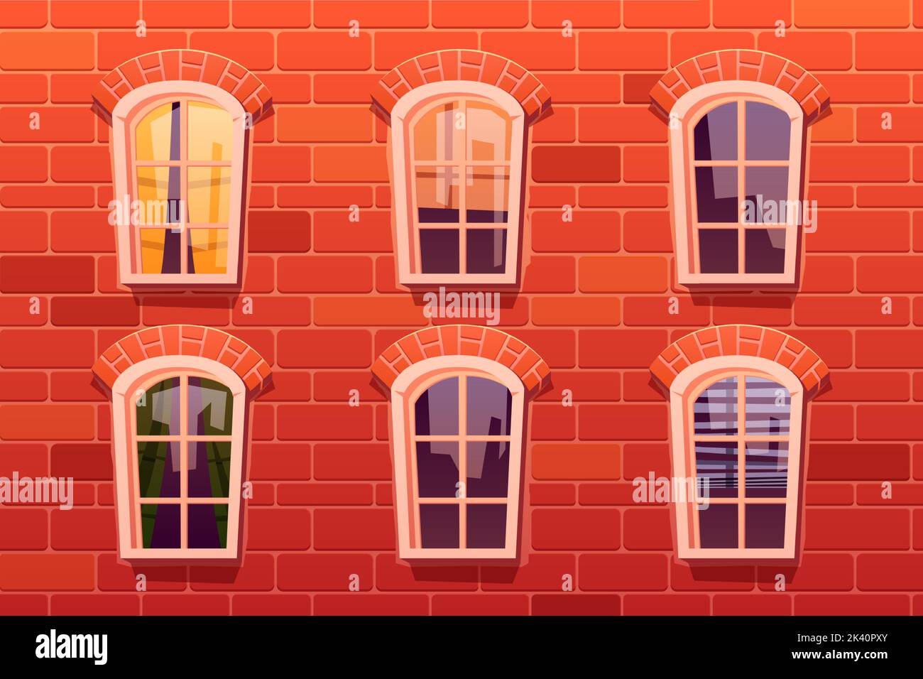 Classiche finestre ad arco su pareti in mattoni rossi con tende e persiane, riflesso della città in vetro. Illustrazione vettoriale del cartone animato della facciata dell'edificio dell'appartamento. Architettura urbana sfondo. Immobiliare Illustrazione Vettoriale