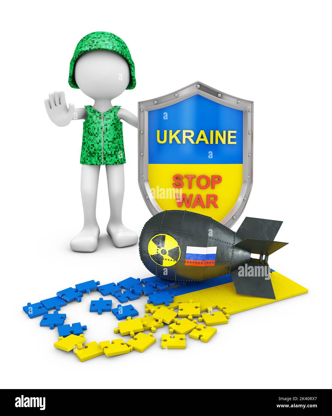 Un uomo con uno scudo accanto ad una bomba nucleare con l'immagine della bandiera russa e puzzle sotto forma di bandiera Ucraina. rendering 3d. Foto Stock