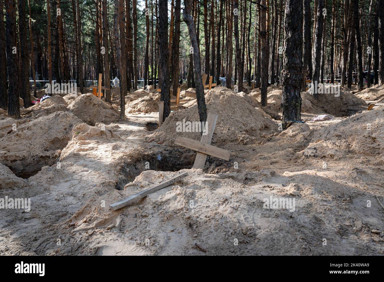 Izyum, Ucraina. 19th Set, 2022. Una croce scritta con il numero '125' si vede in una nuova tomba. Un luogo di sepoltura di massa è stato trovato nella periferia della città orientale Ucraina, Izyum, regione di Kharkiv, che è stato liberato dall'occupazione russa due settimane fa. Almeno 445 nuove tombe sono state trovate nel sito di un cimitero esistente, mentre molti hanno solo numeri scritti sulla croce di legno. Tutti i corpi saranno esumati e inviati per un esame forense, ma dalle indagini iniziali è stato detto che alcuni corpi hanno mostrato segni di tortura. (Credit Image: © Ashley Chan/SOPA Images via ZUMA Press Wire) Foto Stock