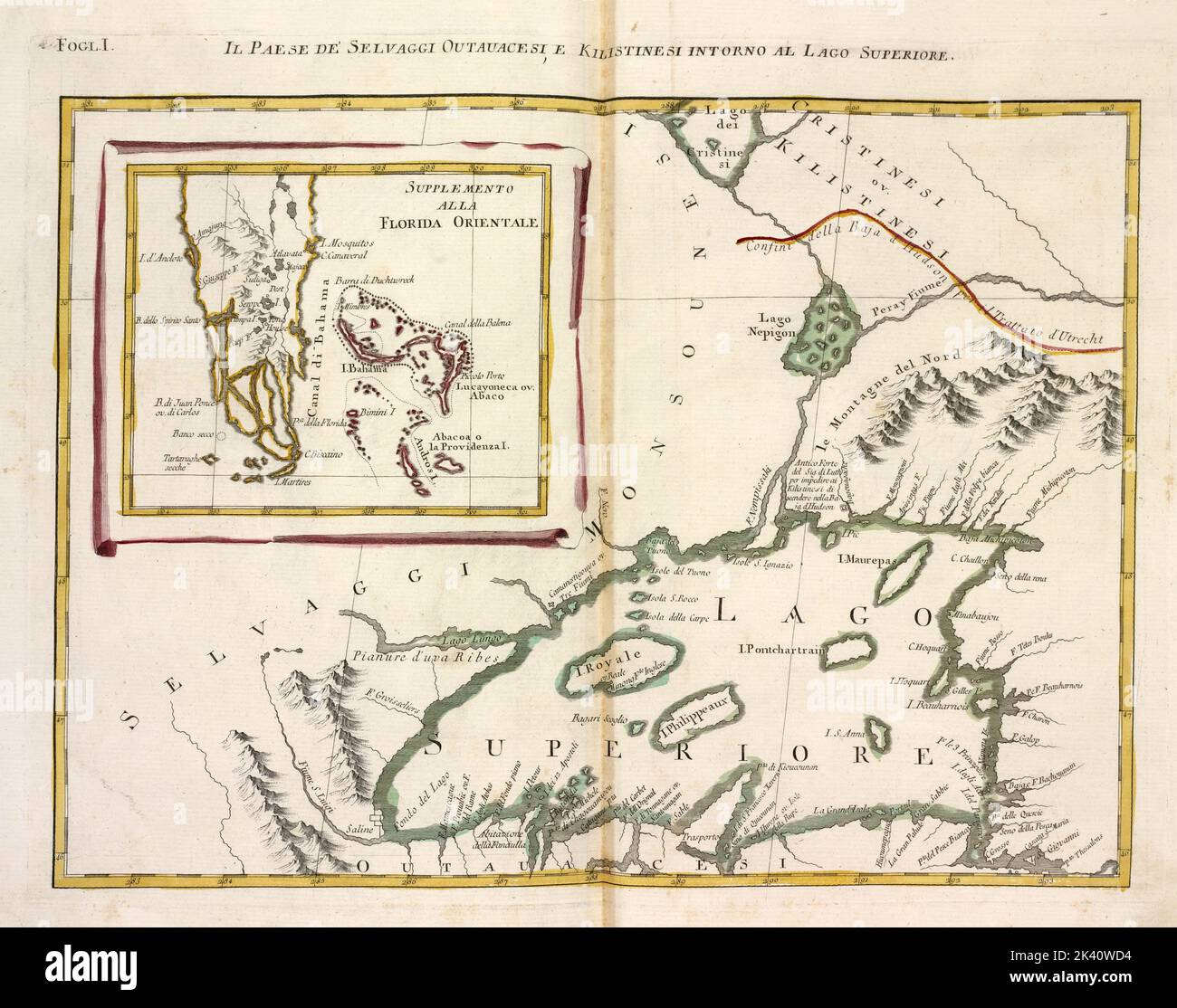 Il paese de' Selvaggi Outauacesi, e kilistinesi intorno al Lago superiore; Supplemento alla Florida Orientale. Cartografica. Mappe, Atlantici. 1778. Lionel Pincus e la Principessa Firyal Map Division. Nord America Foto Stock