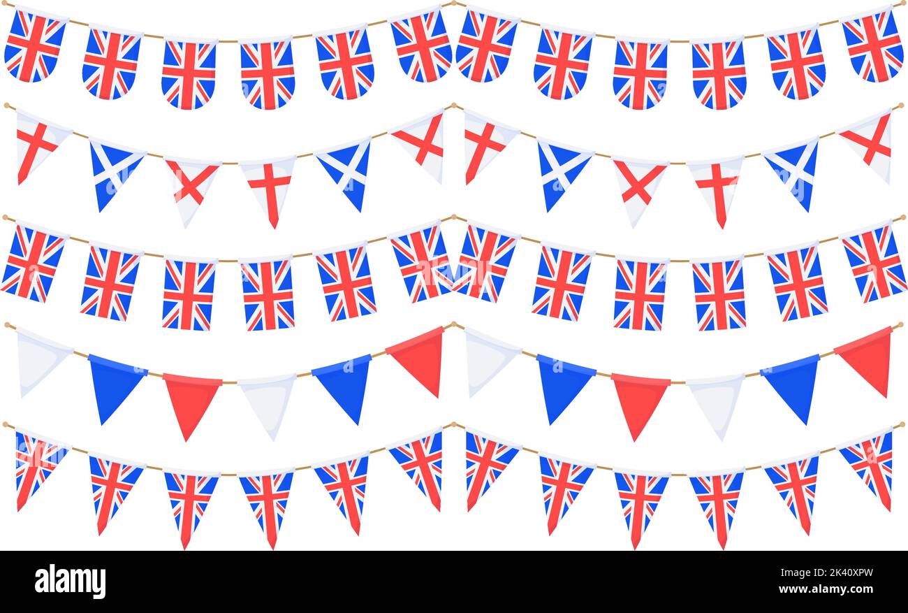 Ghirlande bandiera del Regno Unito impostate. Collezione Union Jack Pennants. Decorazioni per gruppi inglesi. Bandiere della Gran Bretagna per festeggiare. Piè di pagina e banner Illustrazione Vettoriale