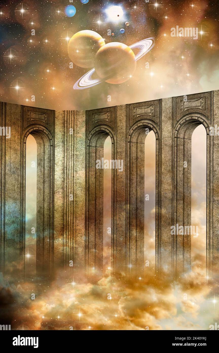 Un cancello . portali all'Universo con stelle, pianeti e nubi mistiche come spazio e sfondo spirituale Foto Stock