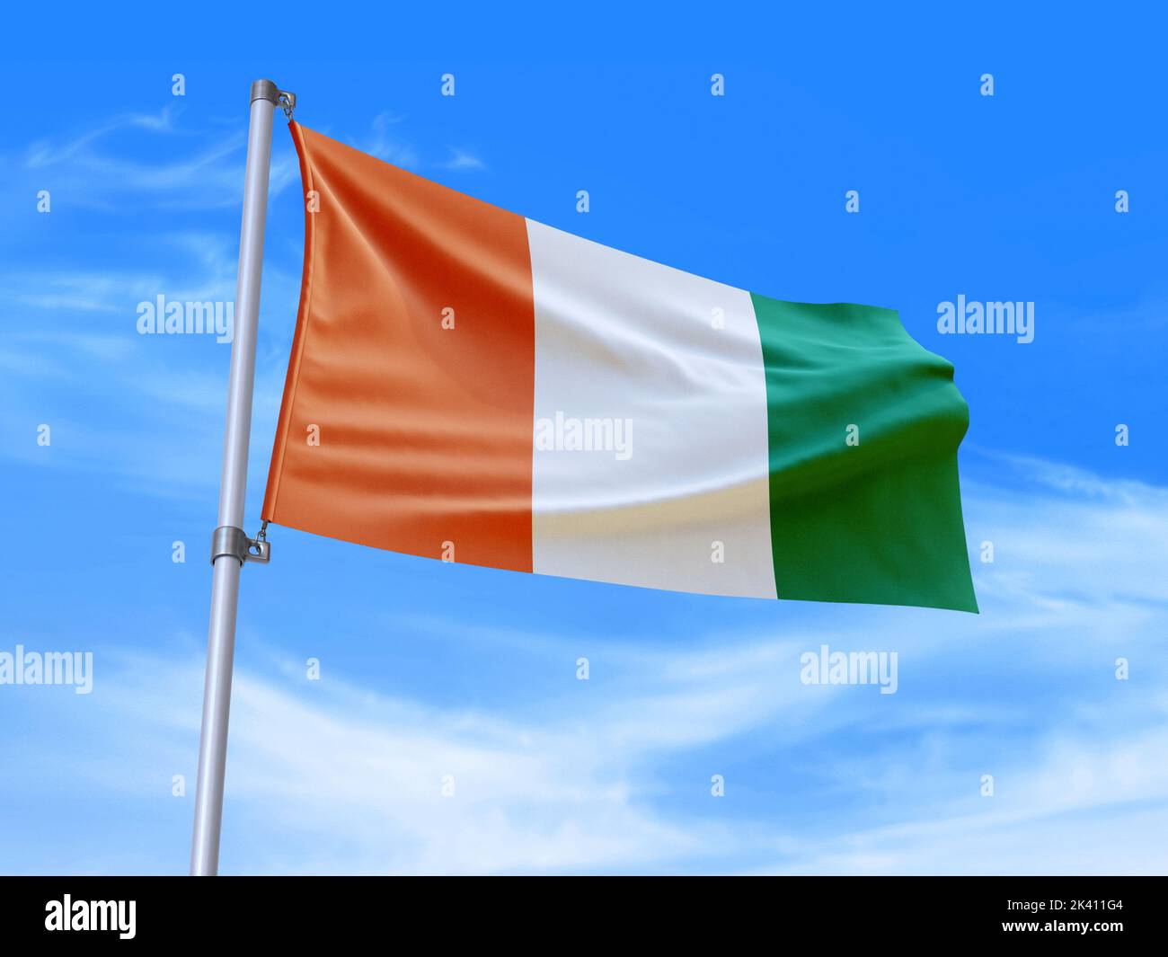 Bella Côte d'Avorio - bandiera della Costa d'Avorio che ondola nel vento con lo sfondo del cielo - 3D illustrazione - 3D rendering Foto Stock