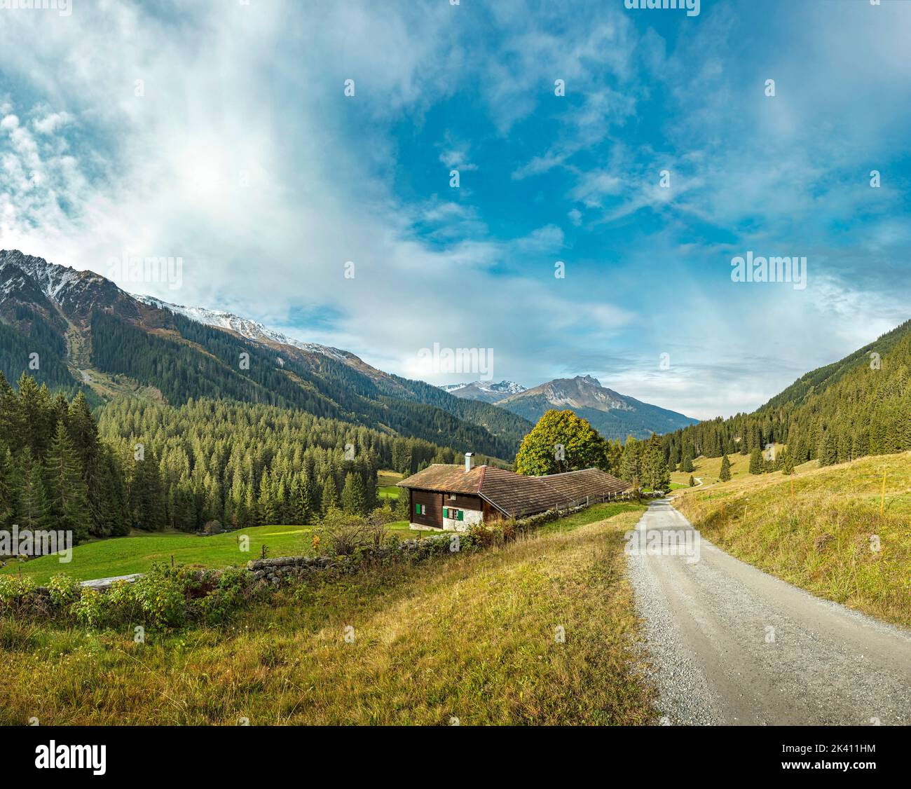 Monbielerstrasse *** Caption locale *** Klosters, Graubünden, Svizzera, fattoria, campo, prato, alberi, autunno, montagne, colline, Foto Stock